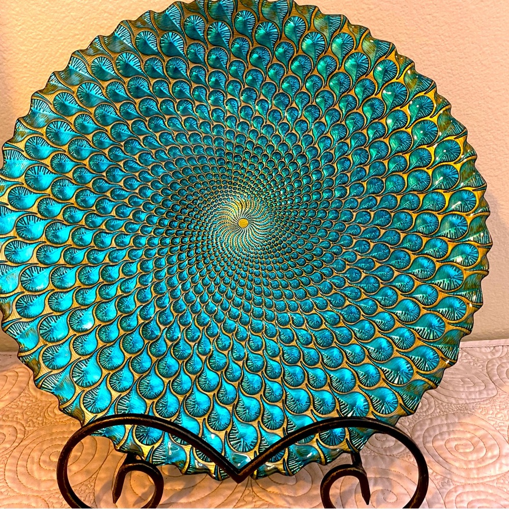 Decorative Turquoise Peacock pattern plate and Display stand